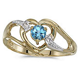 14k Yellow Gold Round Blue Topaz And Diamond Heart Ring