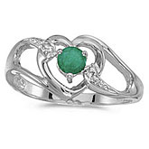 14k White Gold Round Emerald And Diamond Heart Ring