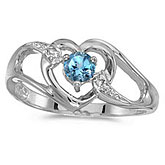 14k White Gold Round Blue Topaz And Diamond Heart Ring