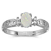 14k White Gold Oval Opal And Diamond Filagree Ring
