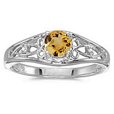 10k White Gold Round Citrine And Diamond Ring