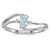 14k White Gold Oval Aquamarine And Diamond Wave Ring