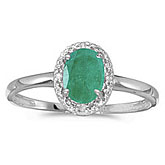 10k White Gold Oval Emerald And Diamond Ring