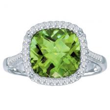 14k White Gold Cushion Cut Peridot And Diamond Ring