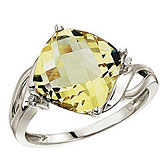 14K White Gold 10 mm Cushion Lemon Quartz and Diamond Ring