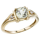 14K Yellow Gold Green Amethyst and Diamond Ring