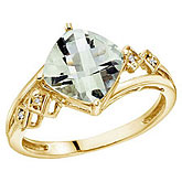 14K Yellow Gold 8 mm Cushion Green Amethyst and Diamond Ring