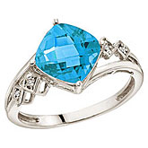 14K White Gold Cushion Blue Topaz and Diamond Ring