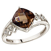 14K White Gold 8 mm Cushion Smoky Topaz and Diamond Ring