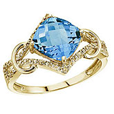 14K Yellow Gold Blue Topaz and Diamond Cushion Ring