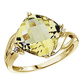 14K Yellow Gold 10 mm Cushion Lemon Quartz and Diamond Ring