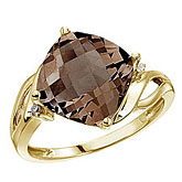 14K Yellow Gold 10 mm Cushion Smoky Topaz and Diamond Ring