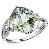 14K White Gold Green Amethyst and Diamond Cushion Ring