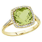 14K Yellow Gold 8 mm Cushion Peridot and Diamond Ring