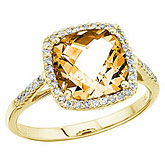 14K Yellow Gold 8 mm Cushion Citrine and Diamond Ring
