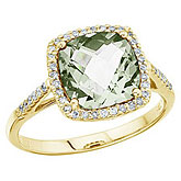 14K Yellow Gold 8 mm Cushion Green Amethyst and Diamond Ring