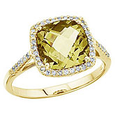 14K Yellow Gold 8 mm Cushion Lemon Quartz and Diamond Ring