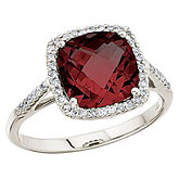 14K White Gold 8 mm Cushion Garnet and Diamond Ring