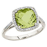 14K White Gold 8 mm Cushion Peridot and Diamond Ring