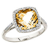 14K White Gold 8 mm Cushion Citrine and Diamond Ring