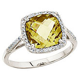 14K White Gold 8 mm Cushion Lemon Quartz and Diamond Ring