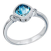 14K White Gold 6 mm Cushion Blue Topaz and Diamond Bezel Ring