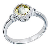 14K White Gold 6 mm Cushion Lemon Quartz and Diamond Bezel Ring
