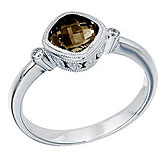 14K White Gold 6 mm Cushion Smoky Topaz and Diamond Bezel Ring