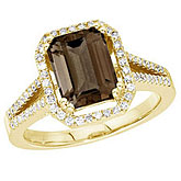 14K Yellow Gold 3 Ct Emerald Cut Smoky Topaz and Diamond Ring