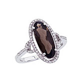 14K White Gold Long 6x5 Oval Smoky Topaz and Diamond Ring