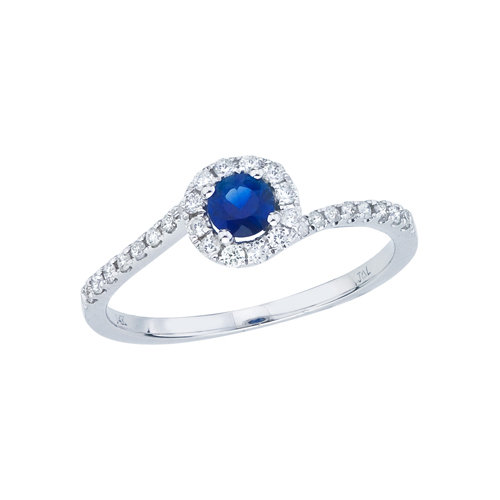 14k White Gold Sapphire and Diamond Halo Swirl Ring