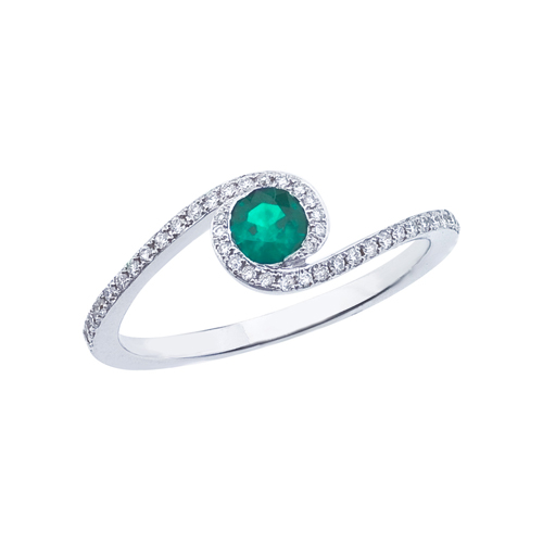 14k White Gold Emerald and .14 ct Diamond Swirl Ring