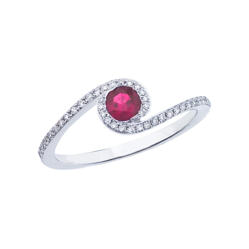 14k White Gold Ruby and .14 ct Diamond Swirl Ring
