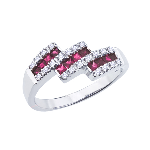 14k White Gold Ruby and Diamond Triple Bypass Ring