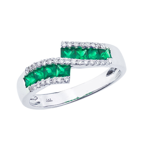 14k White Gold Emerald and .27 ct Diamond Fashion Ring