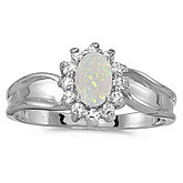 14k White Gold Oval Opal And Diamond Ring
