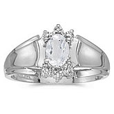 10k White Gold Oval White Topaz And Diamond Ring