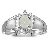 10k White Gold Oval Opal And Diamond Ring