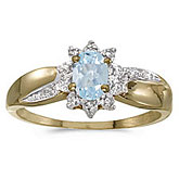 10k Yellow Gold Oval Aquamarine And Diamond Ring