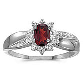 10k White Gold Oval Garnet And Diamond Ring