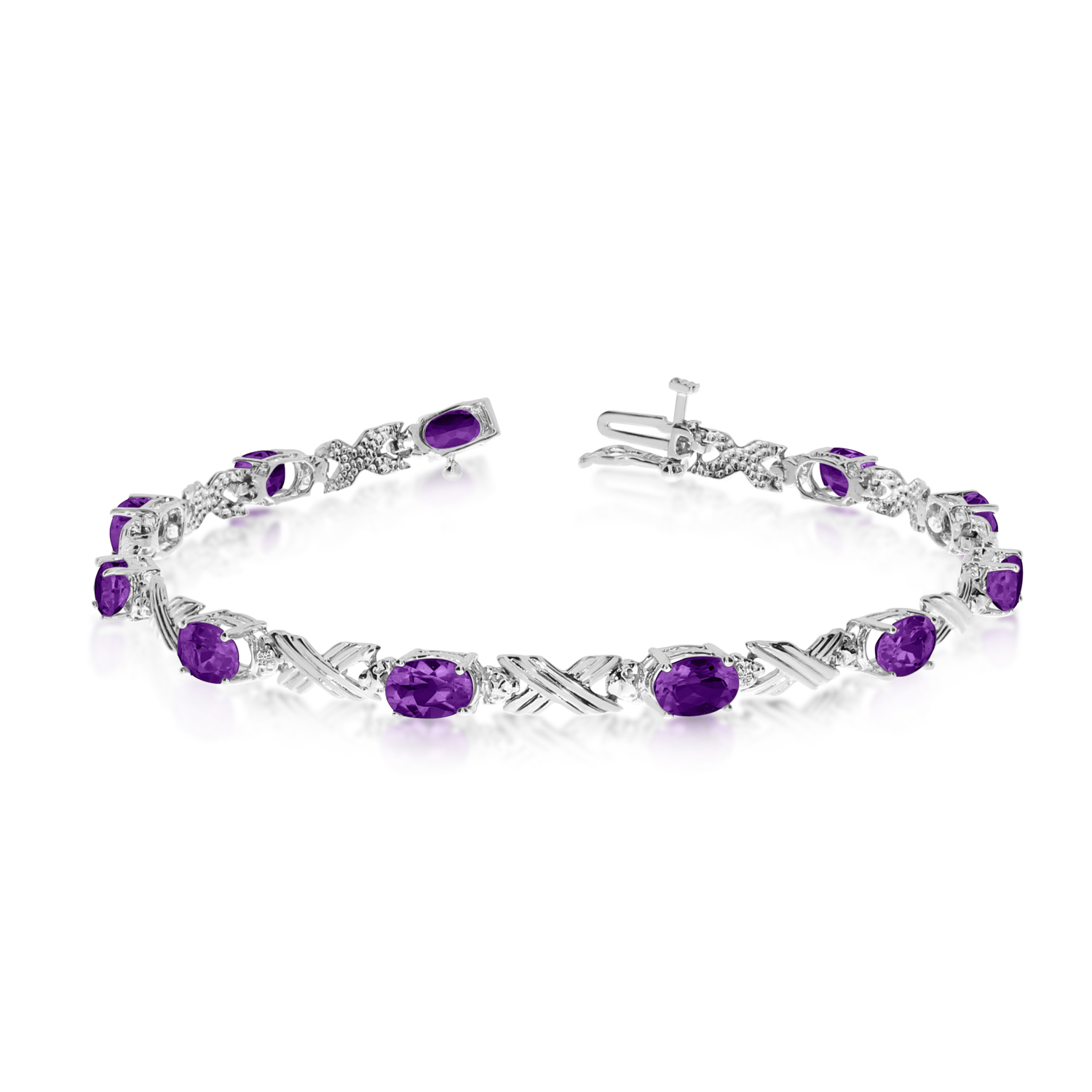 10K White Gold Oval Amethyst and Diamond Bracelet