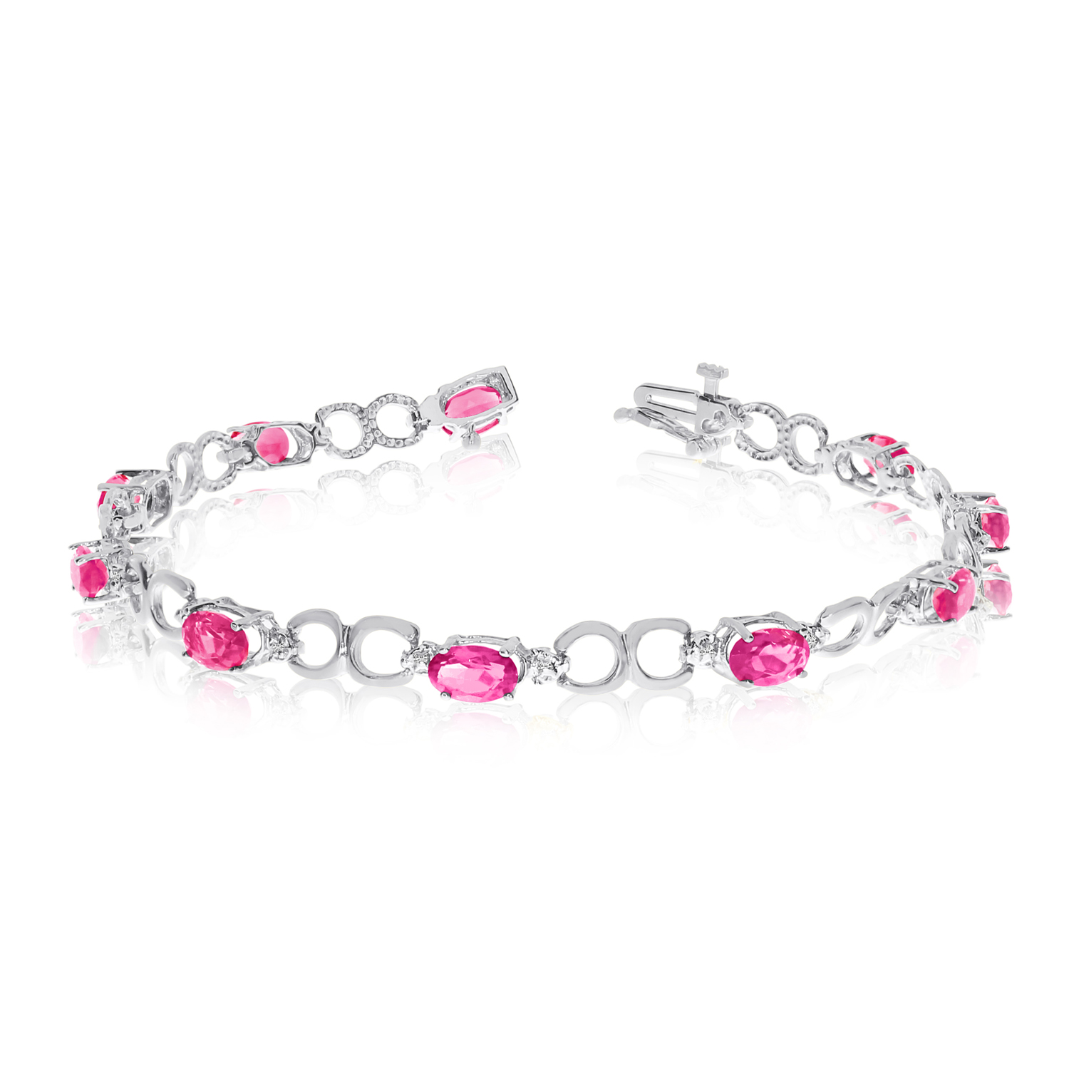 14K White Gold Oval Pink Topaz and Diamond Bracelet