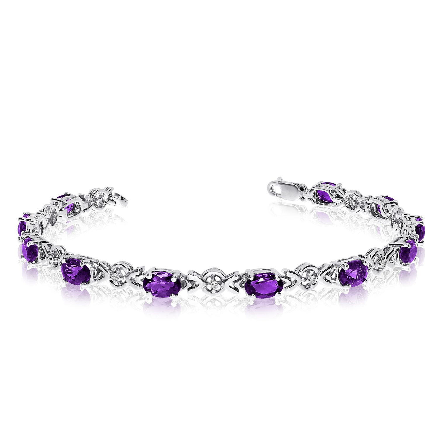 10K White Gold Oval Amethyst and Diamond Bracelet