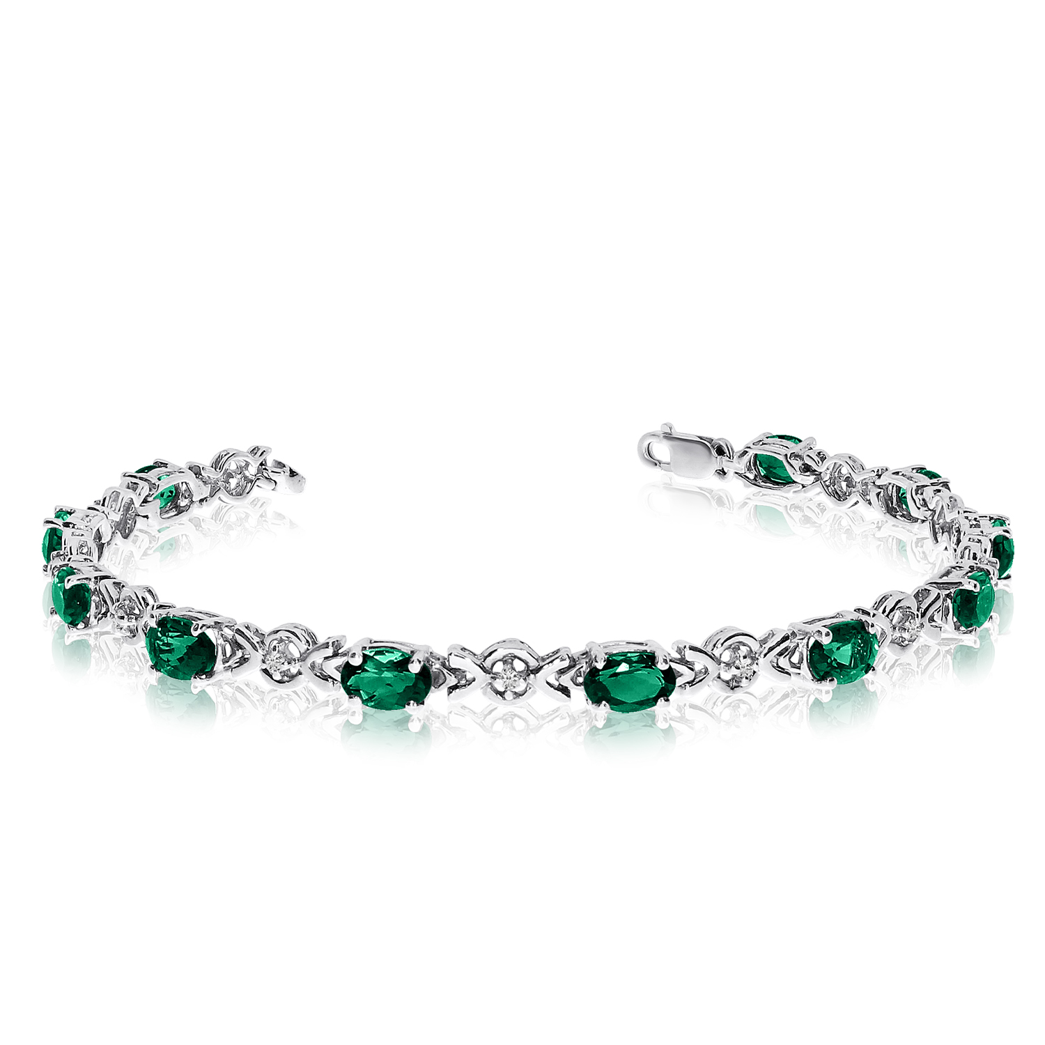 10K White Gold Oval Emerald and Diamond Bracelet